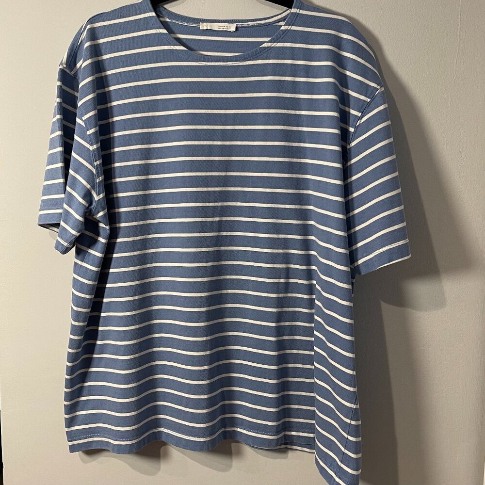 Zara Men's Crew Neck Striped T-Shirt in Blue and White - Size XL - Preowned